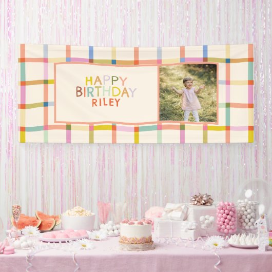 Custom Name Colourful Modern Plaid Birthday Photo Banner (Party)