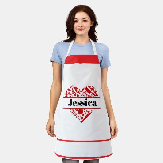 Custom Name Cooking Apron with Red Heart Design Schürze (Getragen)
