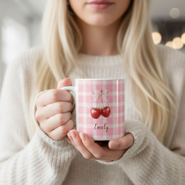 Custom Name Coquette Cherry Mug Red Bows Aesthetic Kaffeetasse