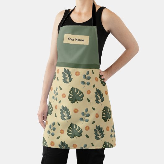 Custom Name Cream and Sage Green Botanical Apron Schürze (InSitu)