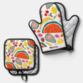 Custom Name Cute Fruits Background Ofenhandschuh & Topflappen-Set (Vorderseite/Rückseite)