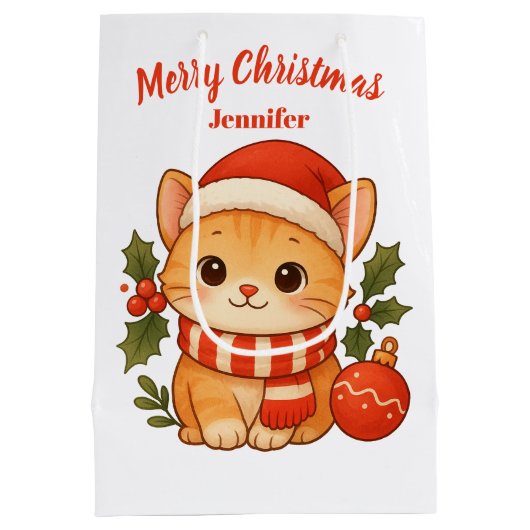 Custom Name Cute Kitten Merry Christmas Gift Bag Mittlere Geschenktüte (Rückseite)
