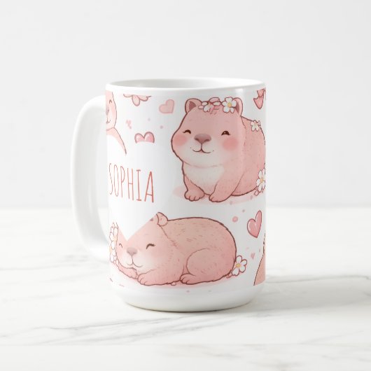 Custom Name Cute Pastel Capybara Bow Girls Kaffeetasse (Vorderseite Links)