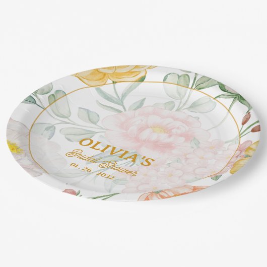 Custom Name Date Yellow Floral Bridal Shower Party Pappteller (Schrägansicht)