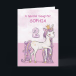 Custom Name Daughter 2nd Birthday Pink Horse Karte<br><div class="desc">A sweet pink pony just like your daughter is prancing with the number two! Gold looking details are woven in her mane and tail. Perfect card to wish your daughter her 2nd birthday! Personalize this card with your daughter’s name.
(Digitally rendered golden looking color)</div>