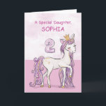 Custom Name Daughter 2nd Birthday Pink Horse Karte<br><div class="desc">A sweet pink pony just like your daughter is prancing with the number two! Gold looking details are woven in her mane and tail. Perfect card to wish your daughter her 2nd birthday! Personalize this card with your daughter’s name.
(Digitally rendered golden looking color)</div>