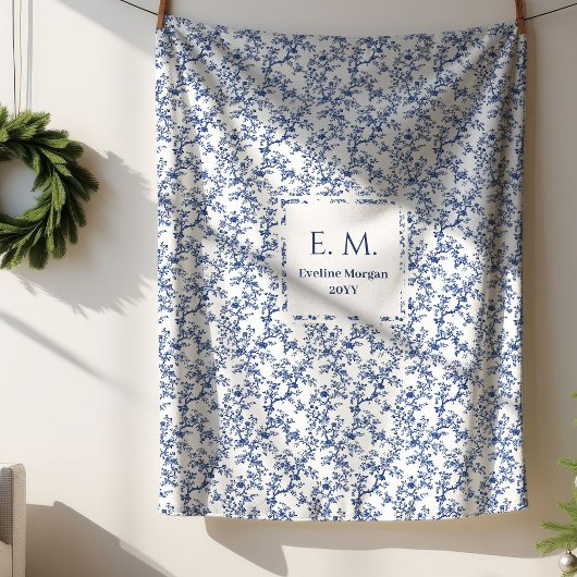 Custom Name Dusty Blue Toile Floral Cozy Blanket Sherpadecke