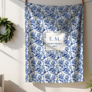 Custom Name Floral Toile Blue Blanket Best Gift Sherpadecke