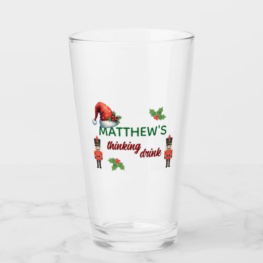 Custom Name Funny Thinking Drink Christmas Hat Glas (Vorderseite)
