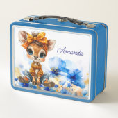 Custom Name Giraffe polka dot bow blue poppies Metall Brotdose (Rückseite)