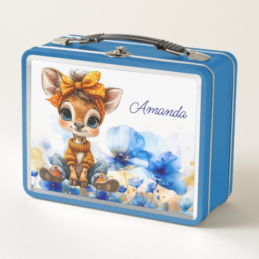 Custom Name Giraffe polka dot bow blue poppies Metall Brotdose (Vorderseite)
