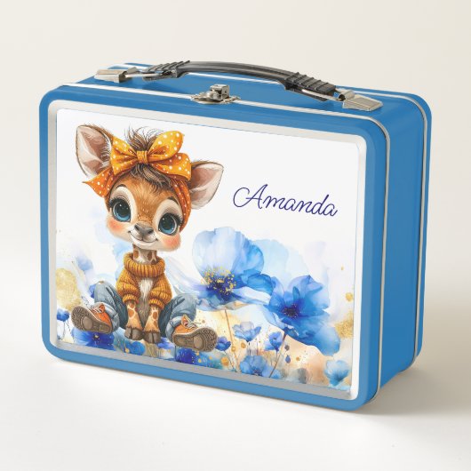 Custom Name Giraffe polka dot bow blue poppies Metall Brotdose (Vorderseite)