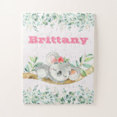 Custom Name Girls Koala Bear Pink & Greenery Puzzle (Vertikal)