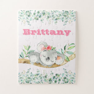 Custom Name Girls Koala Bear Pink & Greenery Puzzle