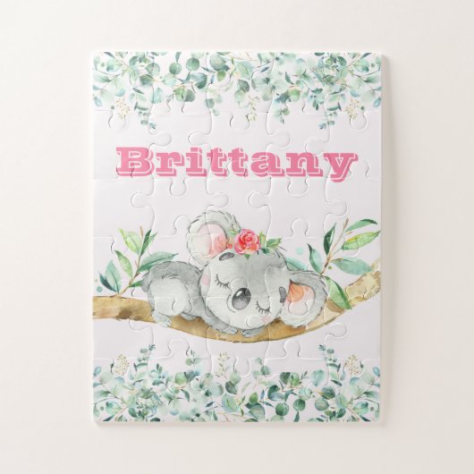 Custom Name Girls Koala Bear Pink & Greenery Puzzle (Vertikal)