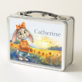 Custom Name Girly rabbit sunflower field  Metall Brotdose (Rückseite)