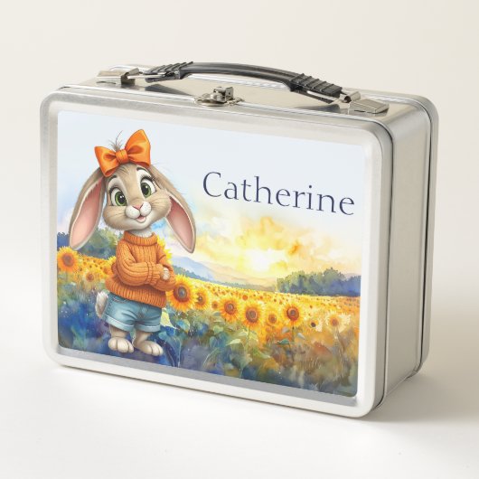 Custom Name Girly rabbit sunflower field  Metall Brotdose (Vorderseite)