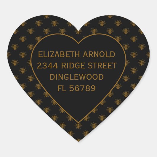 Custom Name Gold Metallic Foil Bees on Black Herz-Aufkleber (Vorderseite)