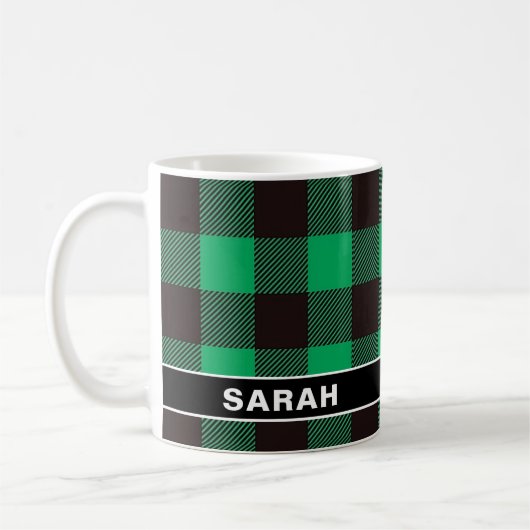 Custom Name Green & Black Buffalo Plaid Kaffeetasse (Links)