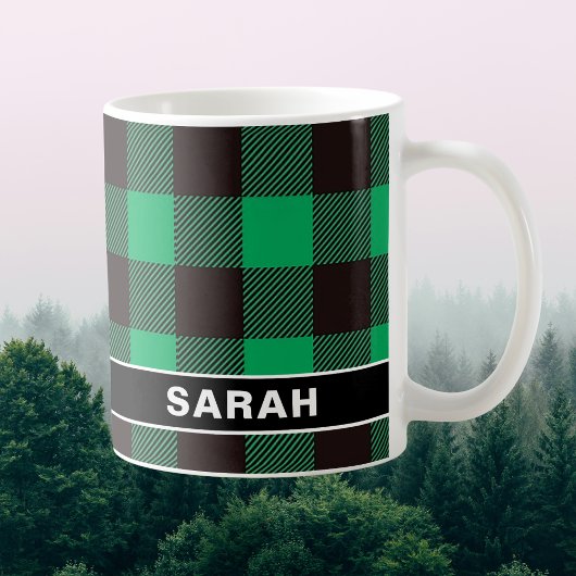 Custom Name Green & Black Buffalo Plaid Kaffeetasse