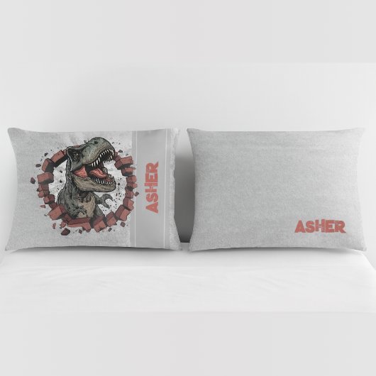 Custom Name Grey Boys Dinosaur Roaring T-Rex Kissenbezug