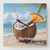 Custom Name & Location Coco Loco Quadratische Wanduhr (Vorderseite)