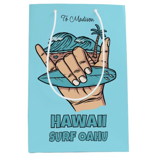 Custom Name & Location Surf Shaka Mittlere Geschenktüte (Vorderseite)