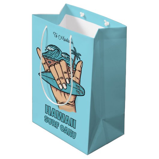 Custom Name & Location Surf Shaka Mittlere Geschenktüte (Rückseite Schrägansicht)