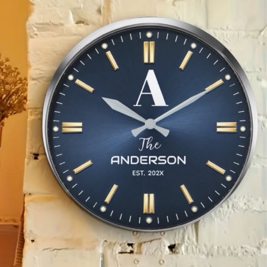 Custom name Luxury Blue Elegant Gold and Silver Große Wanduhr