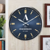 Custom name Luxury Blue Elegant Gold and Silver Große Wanduhr