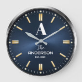 Custom name Luxury Blue Elegant Gold and Silver Große Wanduhr (Vorderseite)