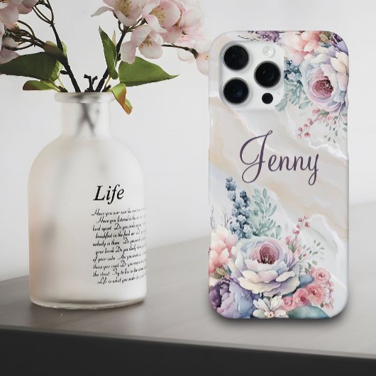 Custom Name Marble Floral Personalized Watercolor iPhone Hülle