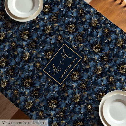 Custom Name Minimalist Navy Gold Tablecloth Chic Tischdecke