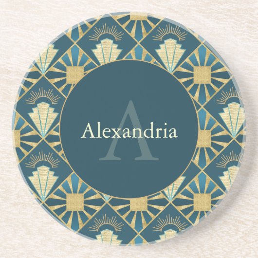 Custom Name & Monogram Art Deco Teal & Gold Getränkeuntersetzer (Vorne)