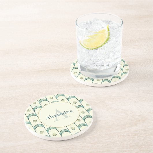 Custom Name & Monogram Art Deco Teal & Gold Getränkeuntersetzer (Seite)