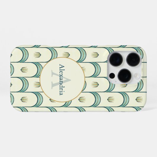 Custom Name & Monogram Art Deco Teal & Gold iPhone Hülle (Rückseite (Horizontal))