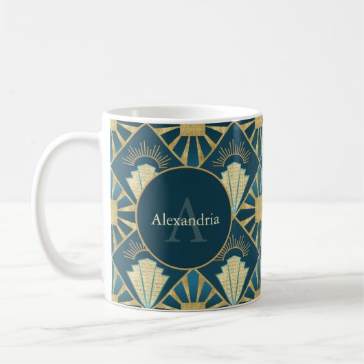 Custom Name & Monogram Art Deco Teal & Gold Kaffeetasse (Links)