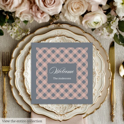 Custom Name Napkins Coral Grey Plaid Elegant Serviette