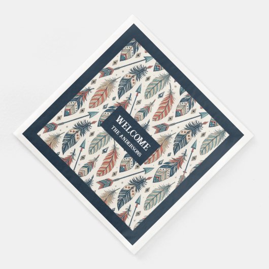 Custom Name Napkins Ethnic Chic Feathers Design Serviette (Ecke)