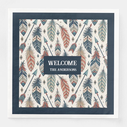 Custom Name Napkins Ethnic Chic Feathers Design Serviette (Vorderseite)