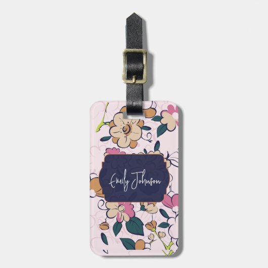 Custom Name Navy Blue Floral Abstract Script Name Gepäckanhänger (Vorderseite vertikal)