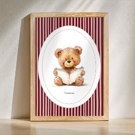Custom Name Nursery Wall Art - Teddy Bear Reading Poster