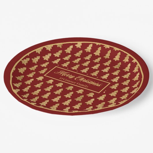 Custom Name Paper Plates Elegant Red Gold Trees Pappteller (Schrägansicht)