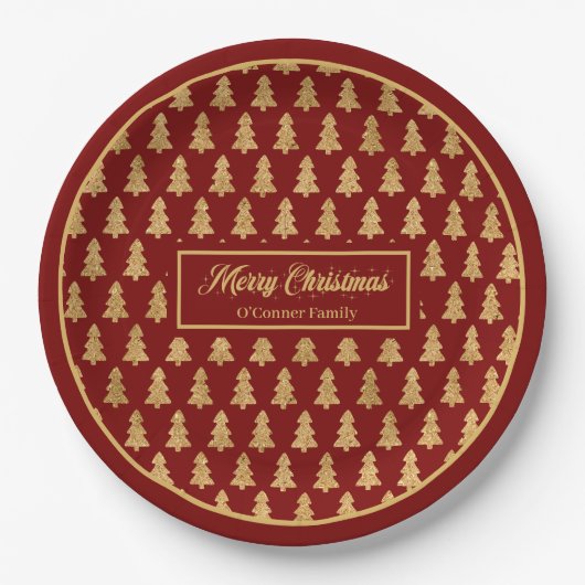 Custom Name Paper Plates Elegant Red Gold Trees Pappteller (Vorderseite)