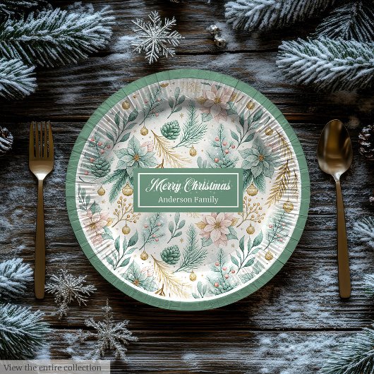 Custom Name Paper Plates White Poinsettia Holiday Pappteller