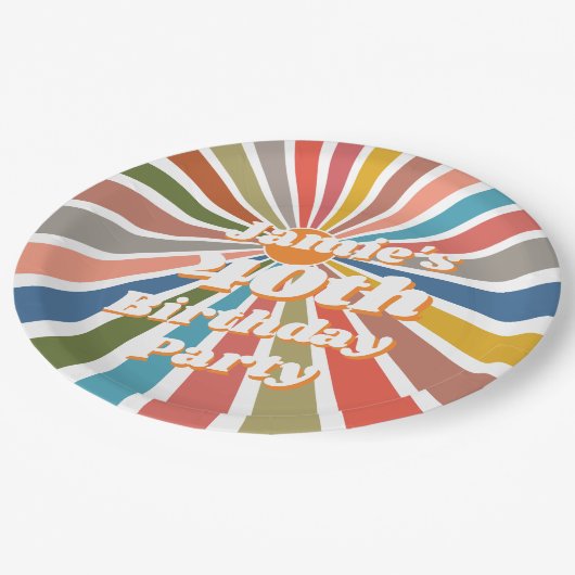 Custom Name Party Table Decor Fun Retro Rainbow Pappteller (Schrägansicht)