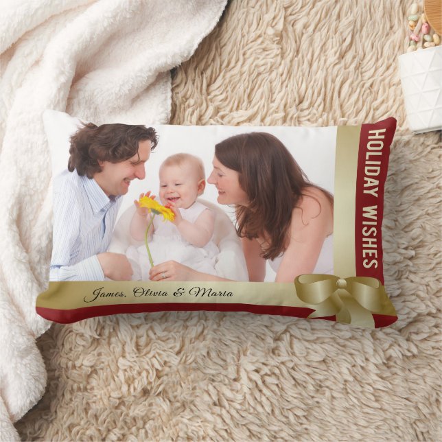 Custom Name & Photo Holiday Red, Gold Bow Lendenkissen (Decke)