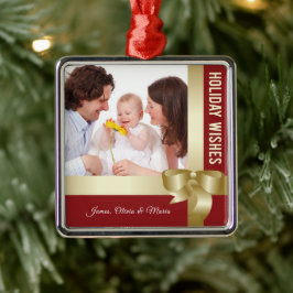 Custom Name & Photo Holiday Red, Gold Bow Ornament Aus Metall