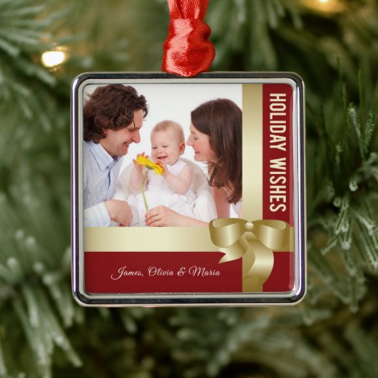 Custom Name & Photo Holiday Red, Gold Bow Ornament Aus Metall (Baum)