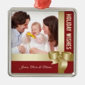 Custom Name & Photo Holiday Red, Gold Bow Ornament Aus Metall (Vorne)
